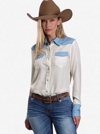 Denim Yoke &amp; White Pearl Snap Shirt