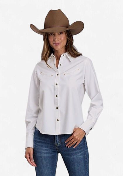 White Denim Smile Pocket Blouse - Stetson