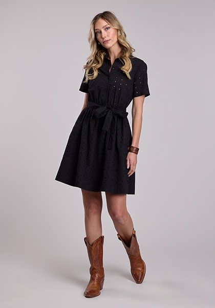 Black Cotton Eyelet Mini Shirt Dress - Stetson