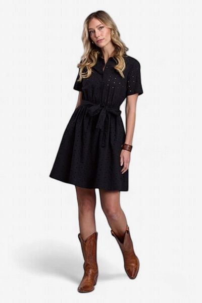 Black Cotton Eyelet Mini Shirt Dress - Stetson