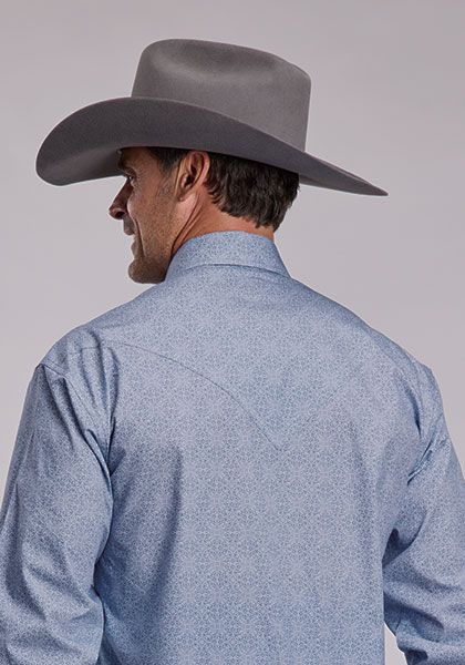 Steel Blue Filigree Long Sleeve Snap Shirt - Mens