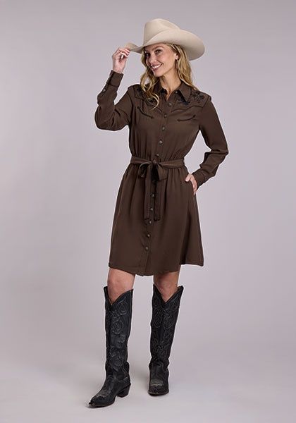 Western Style Dress - Brown - Embroidery-Novelty - Stetson