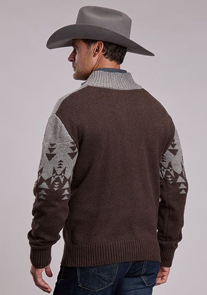 Aztec Border Quarter Zip Pullover- Brown/ Gray - Sweater