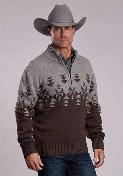 Aztec Border Quarter Zip Pullover- Brown/ Gray - Sweater