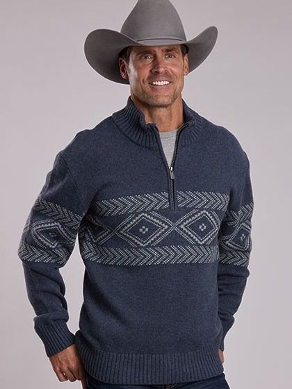 Aztec Border Quarter Zip Pullover - Blue - Sweater