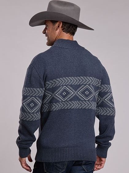Aztec Border Quarter Zip Pullover - Blue - Sweater