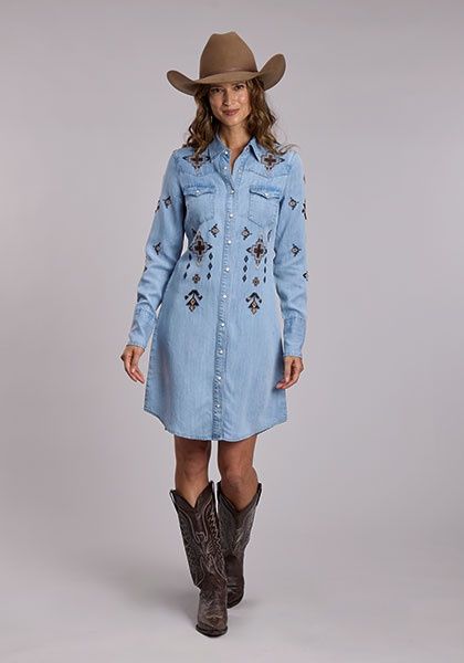 Aztec Emb on Allover Frnt-Bk-Side Dress - Blue Lyocell Denim Stetson