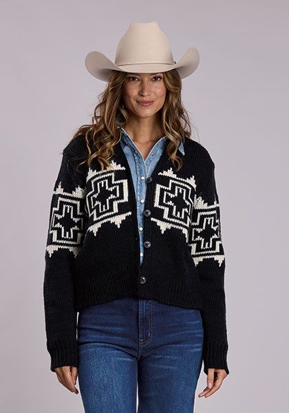 Vintage Border Design - L/S Button Front Sweater - Stetson