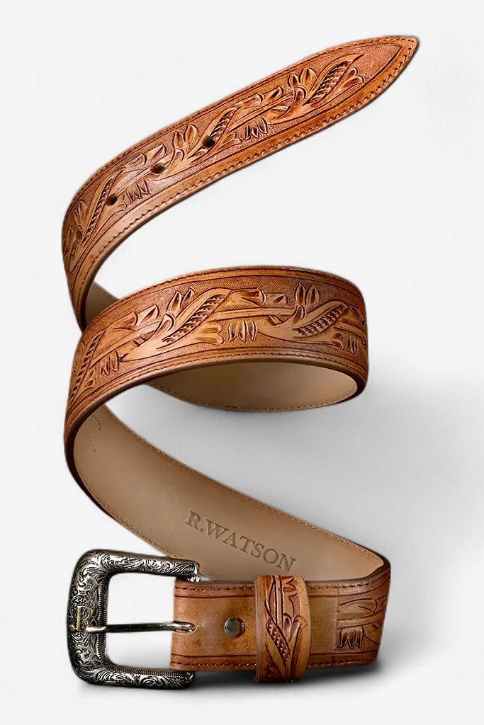 Hand Tooled Tapered Cowhide Belt - Natural - R.Watson
