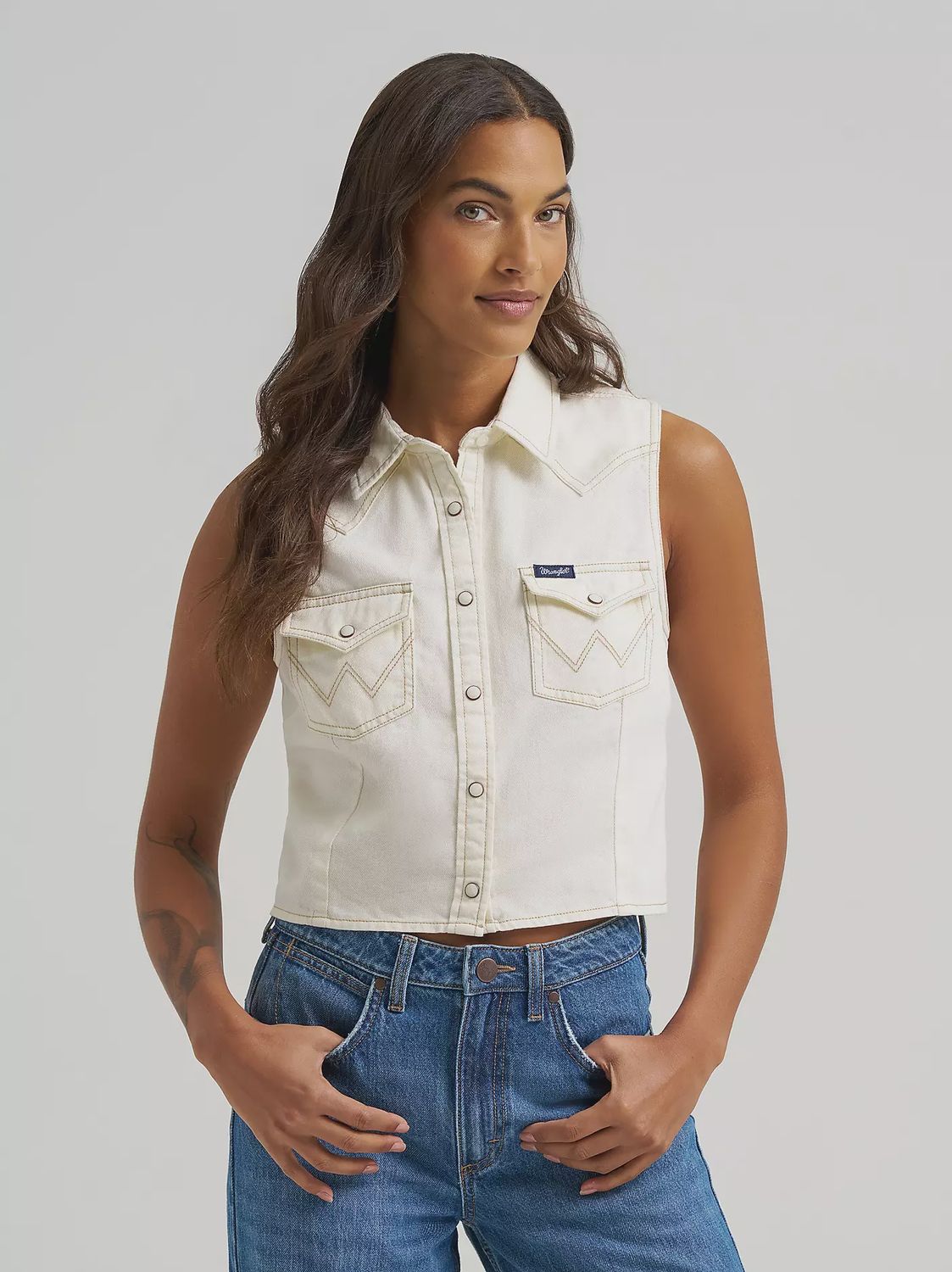 Womens Denim Sleeveless Snap Shirt