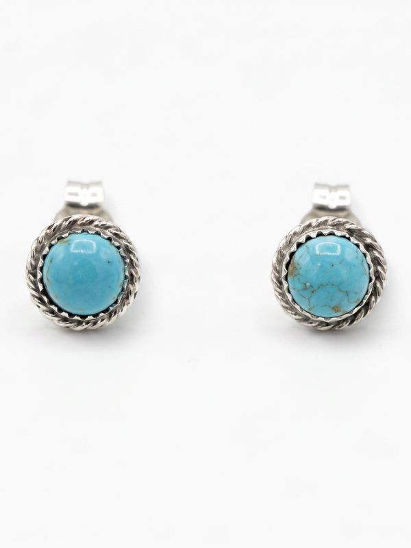 Navajo Handmade Kingman Turquoise Earrings Stud - Esther White