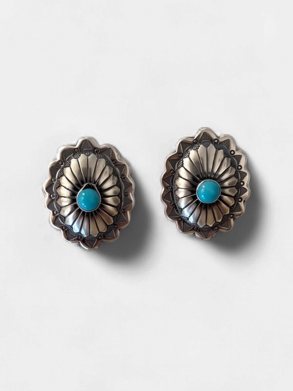 Sterling Silver Kingman Turquoise Earrings- Big Concho with Turquoise Bead