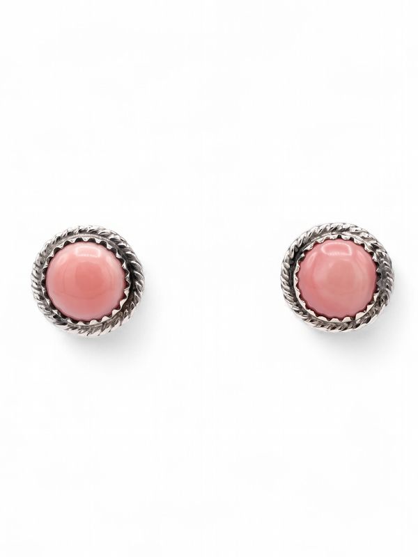 Navajo Handmade Pink Conch Earrings - Esther White-Small studs