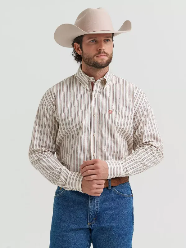 Wrangler® George Strait One Pocket Long Sleeve Shirt - Cream Stripped