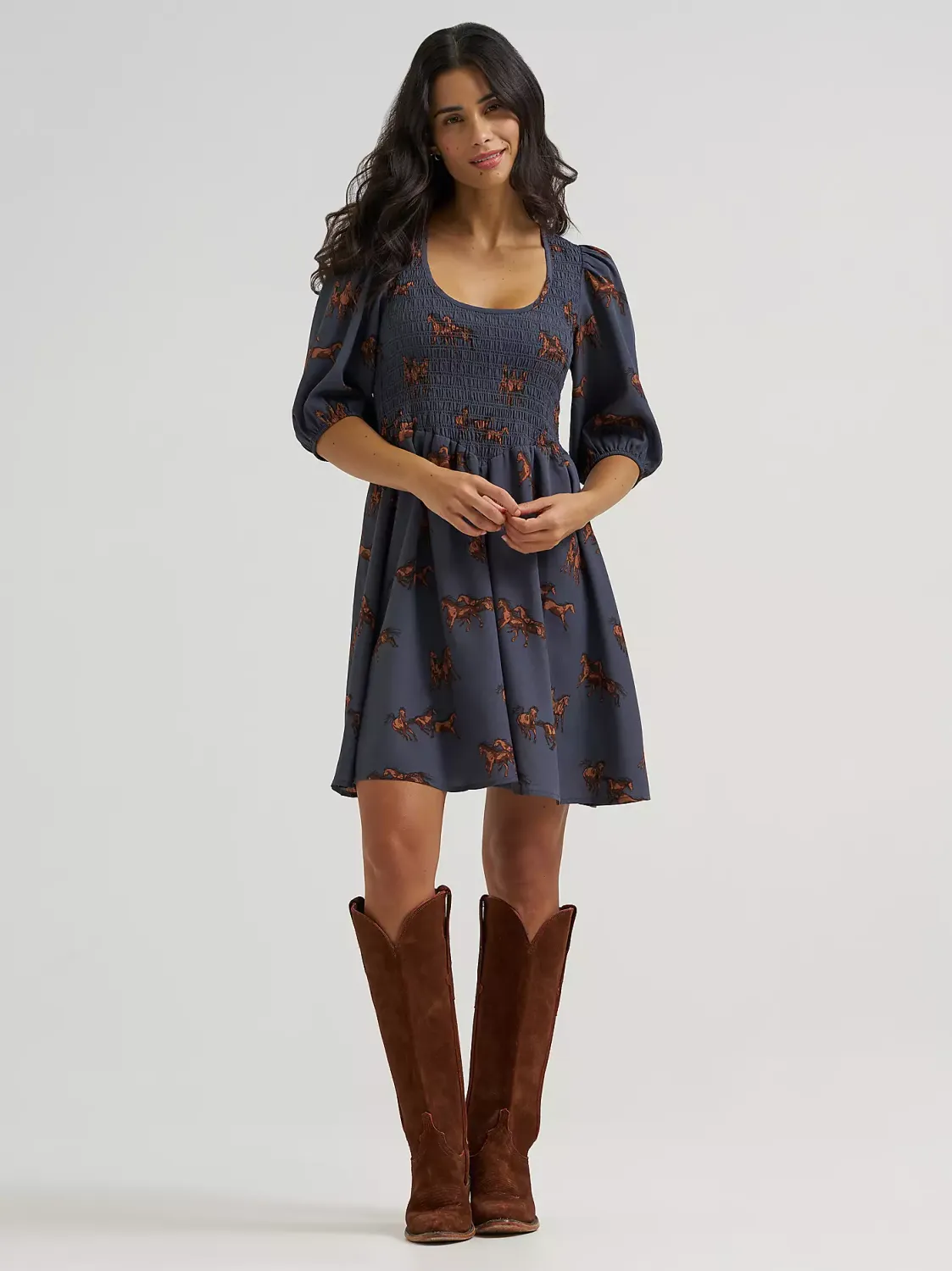 Smocked Puff Sleeve Babydoll Horse Dress - Blue
