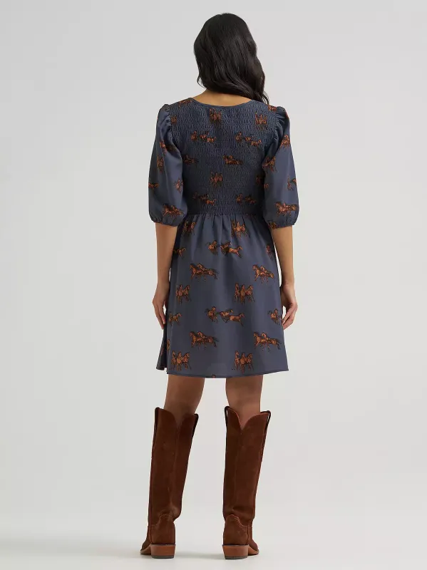 Smocked Puff Sleeve Babydoll Horse Dress - Blue