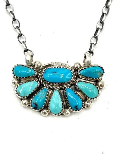 Navajo Handmade Multi Colored Kingman Turquoise Necklace - Alicia Wilson-Half Cluster