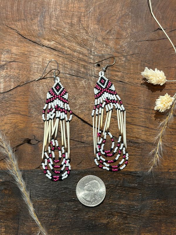 Handcrafted Porcupine Quill Beaded Earrings - Pink - No. 918 - Montana Creations