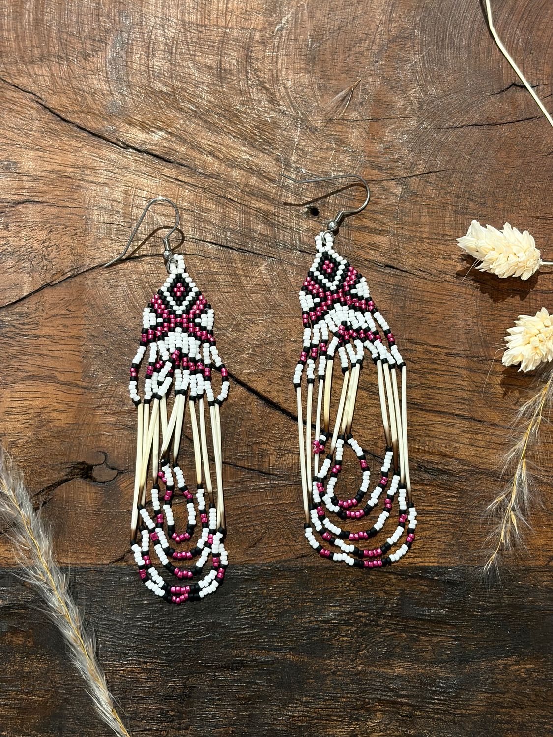 Handcrafted Porcupine Quill Beaded Earrings - Pink - No. 918 - Montana Creations
