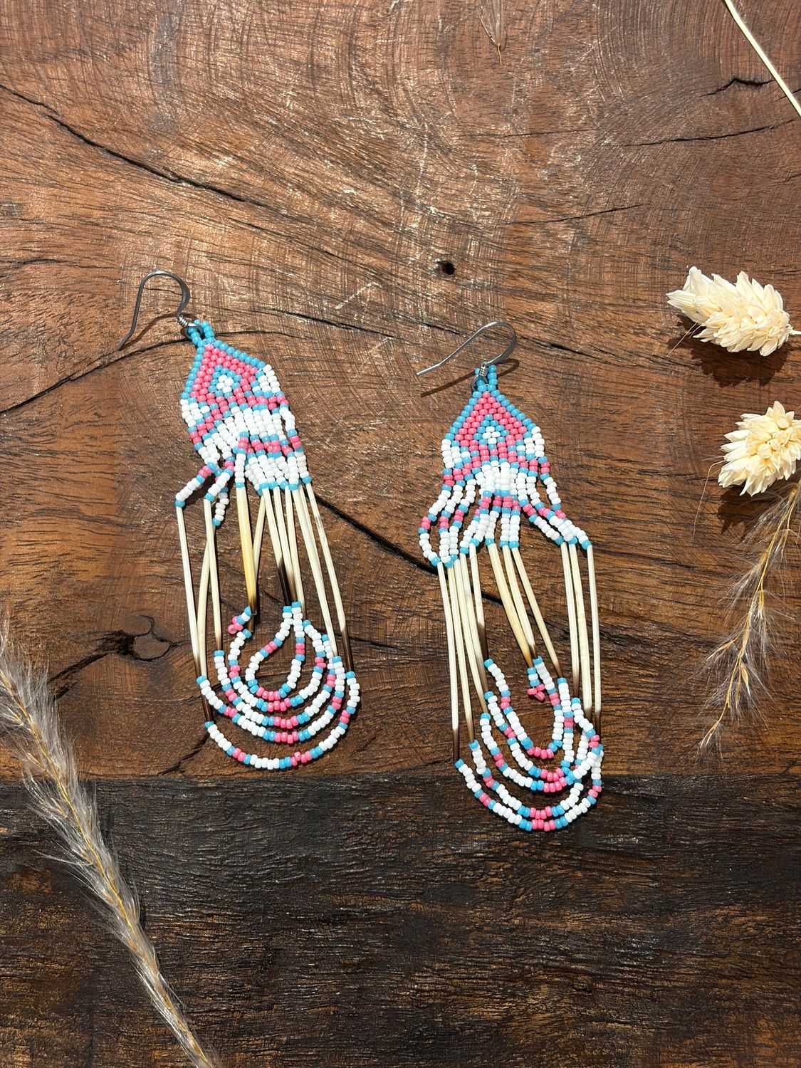 Porcupine Quill Beaded Earrings - Blue &amp; Pink - No. 926 - Montana Creations