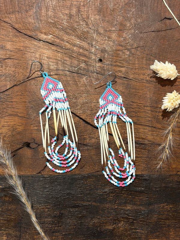 Porcupine Quill Beaded Earrings - Blue &amp; Pink - No. 926 - Montana Creations