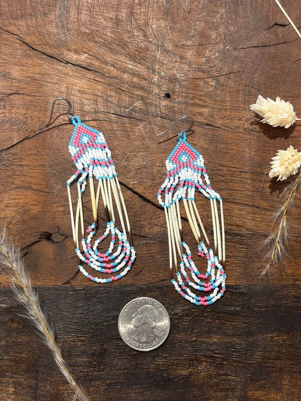 Porcupine Quill Beaded Earrings - Blue &amp; Pink - No. 926 - Montana Creations
