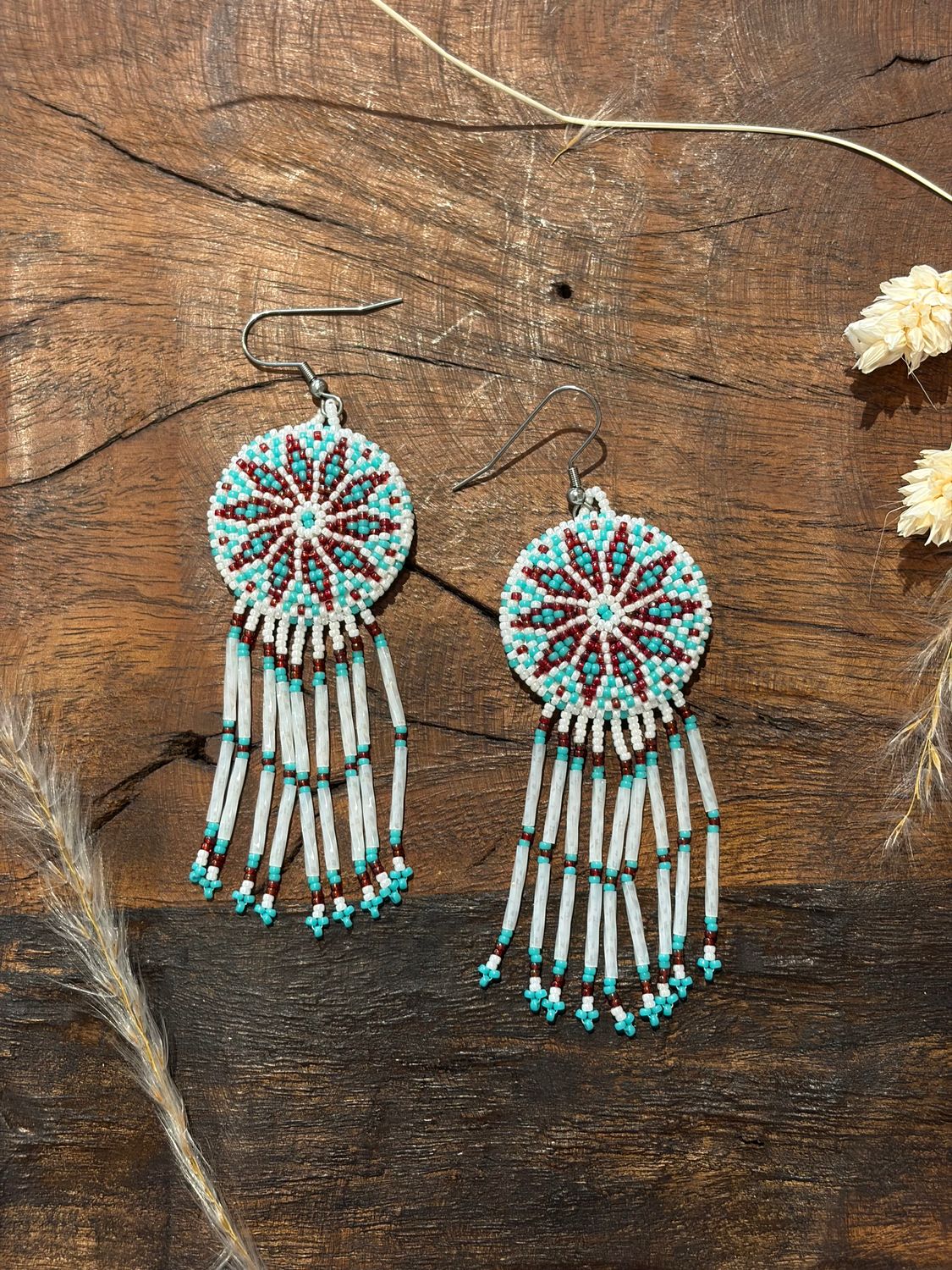 Hand Beaded Earrings - Deep Red &amp; Teal - No. 613 - Montana Creations