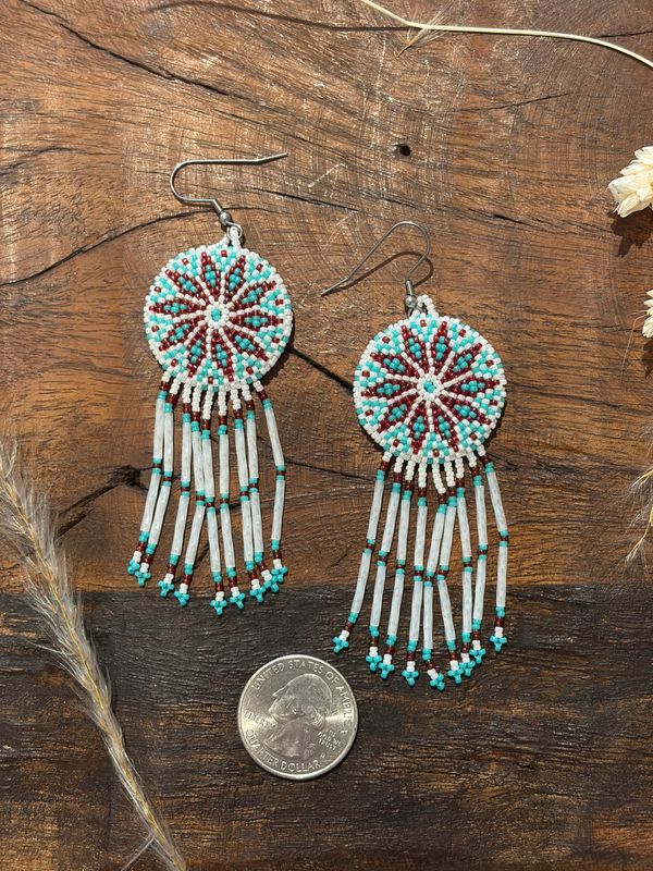 Hand Beaded Earrings - Deep Red &amp; Teal - No. 613 - Montana Creations