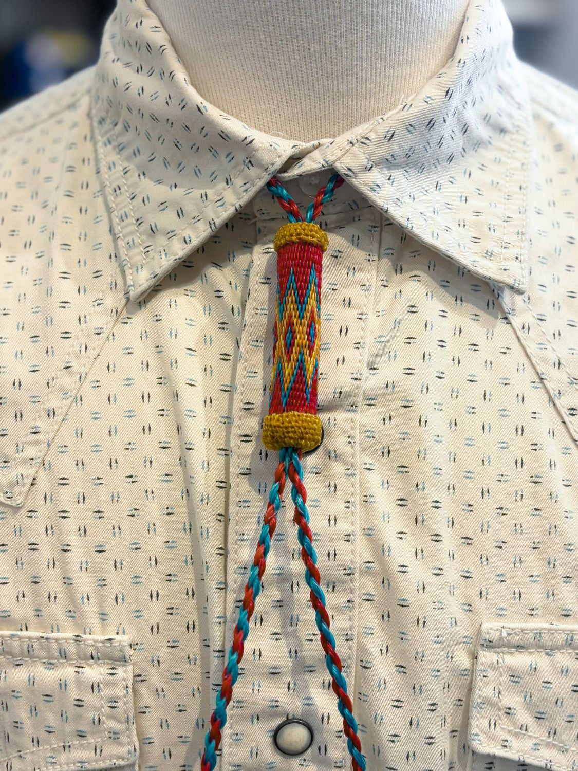 Hand Hitched Horsehair Bolo Tie - Red &amp; Blue - Montana Creations