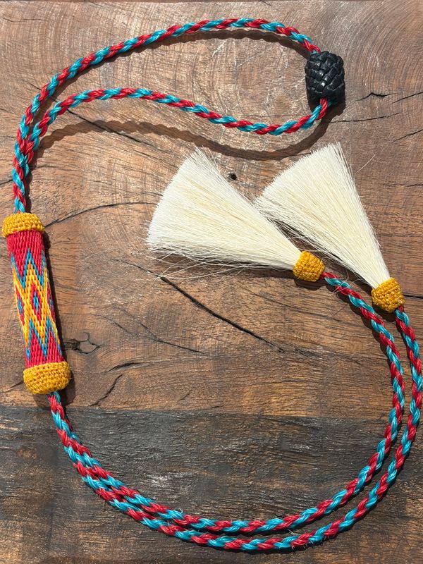 Hand Hitched Horsehair Bolo Tie - Red &amp; Blue - Montana Creations