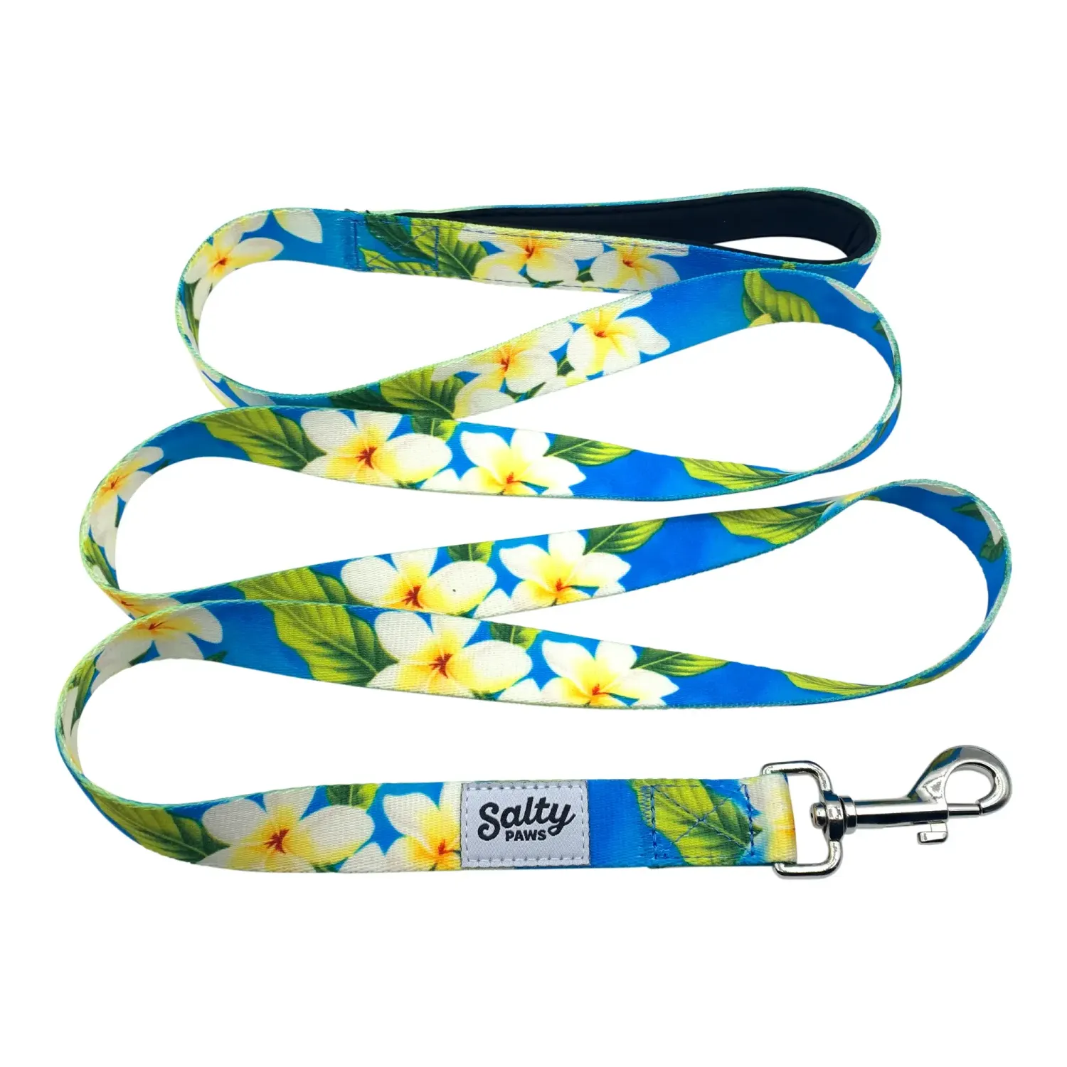 Salty Paws Hawaiian Print Dog Leash Tropical Blue Floral 6&#39; Length Neoprene Lined Handle