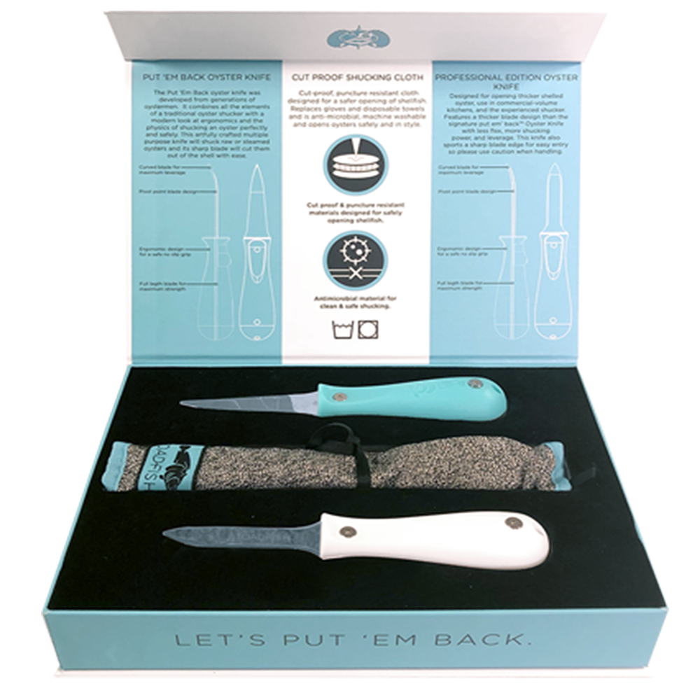 Toadfish Shucker’s Bundle – Teal &amp; White Oyster Knives + Shucking Cloth