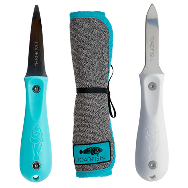 Toadfish Shucker’s Bundle – Teal &amp; White Oyster Knives + Shucking Cloth