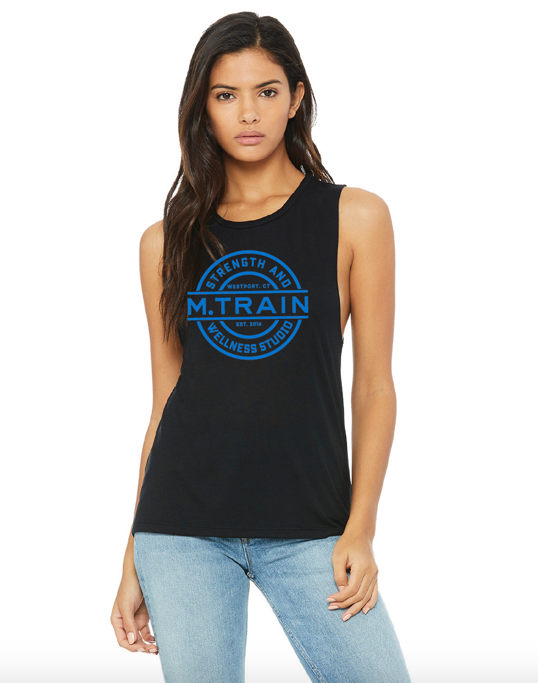 Black Flowy Scoop Muscle Tank with Blue Logo