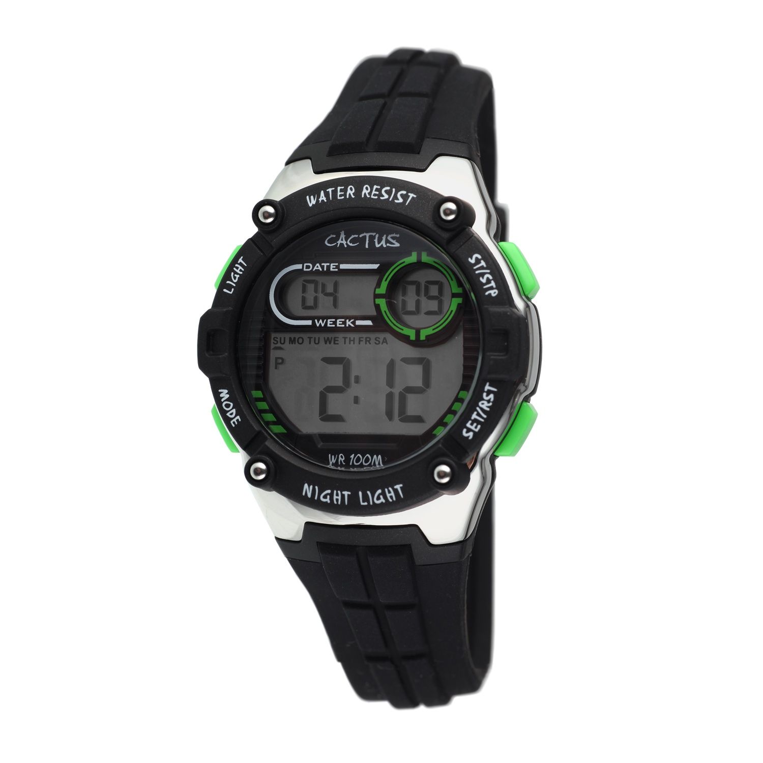 Cactus - 100m WR multifunction LCD watch with ABS case, 36mm width; 11 functions include alarm, chime, stopwatch, countdown timer, EL backlight. Black silicone band, stainless steel bezel, green butto
