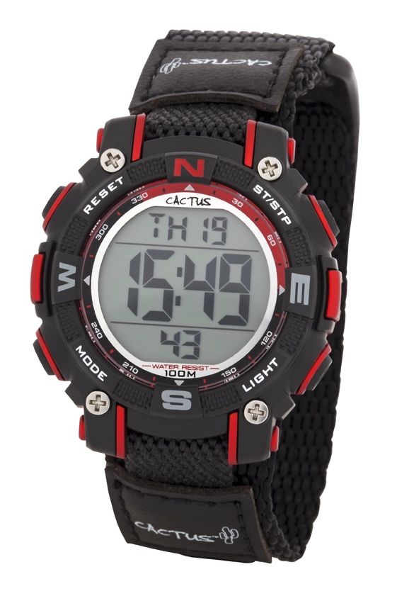Cactus - ROBUST, CAC-104-M01, 100m water resistant LCD watch with nylon velcro band, ABS case, 38mm width, 11 function LCD with alarm, chime, stopwatch, EL backlight. Black CAC-104-M01