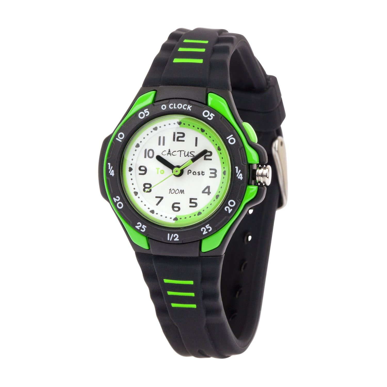 Cactus - Kids Mentor Watch. 100m water resistant time teacher watch with silicone band, EL backlight, Japan Y121E1 movement, ABS case 32mm, Black / Green trim