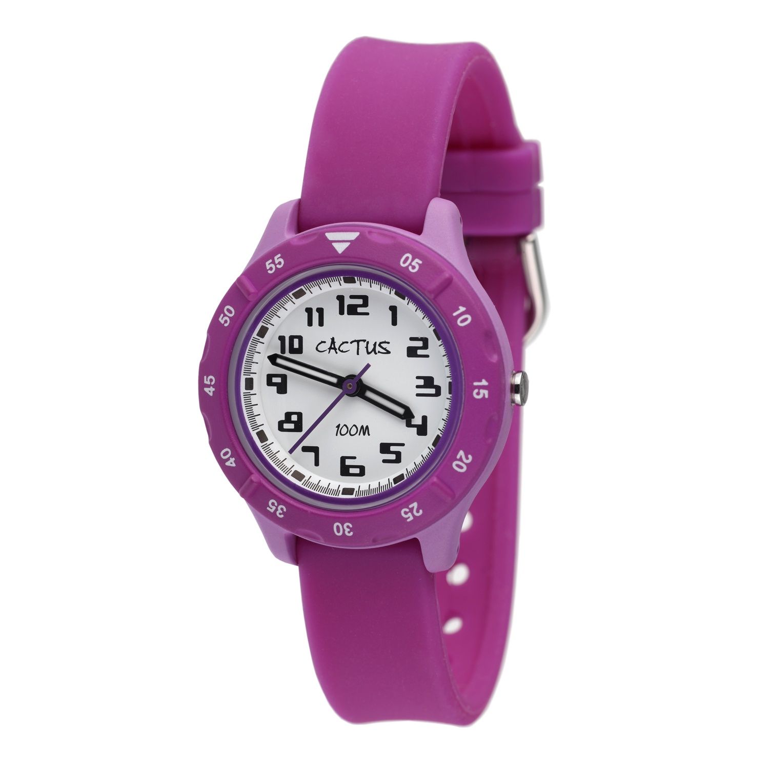 Cactus - Kids Urban watch. 100m water resistant watch with silicone band, ABS case, 32mm width, Japan movement, turning bezel. Purple colour.