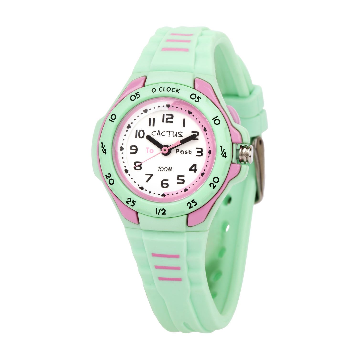 Cactus - Kids Mentor watch. 100m water resistant time teacher watch with silicone band, EL backlight, Japan Y121E1 movement, ABS case 32mm, Mint Green / Pink trim