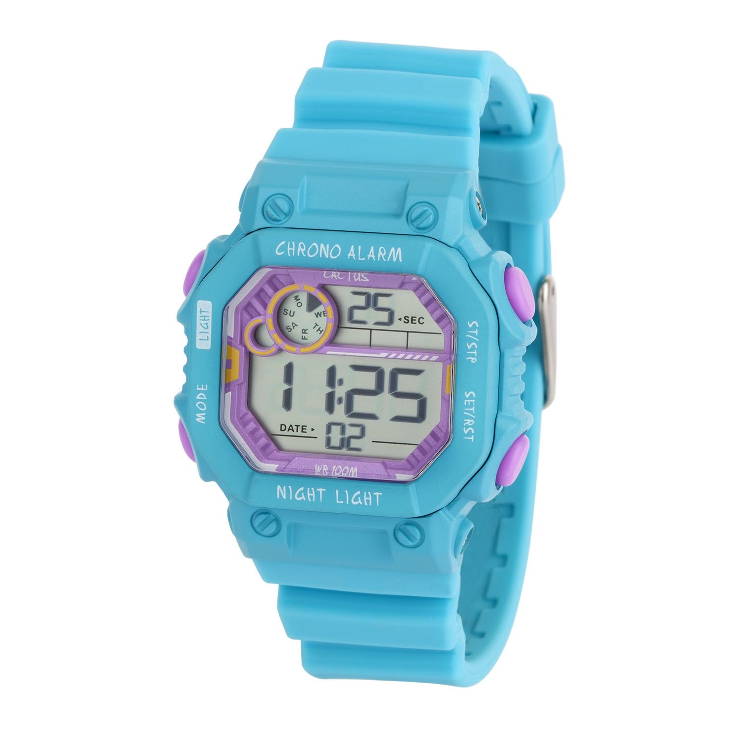 Cactus - Kids Fiesta Watch. 100m water resistant LCD watch with silicone rubber band, ABS case, 36mm width, 11 function LCD with alarm, chime, stopwatch, countdown timer, EL backlight. Aqua / Purple