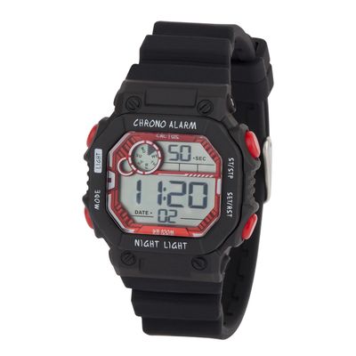 Cactus - Kids Fiesta Watch. 100m water resistant LCD watch with silicone rubber band, ABS case, 36mm width, 11 function LCD with alarm, chime, stopwatch, countdown timer, EL backlight. Black / red tri