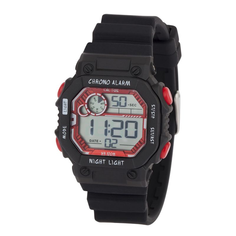 Cactus - Kids Fiesta Watch. 100m water resistant LCD watch with silicone rubber band, ABS case, 36mm width, 11 function LCD with alarm, chime, stopwatch, countdown timer, EL backlight. Black / red tri