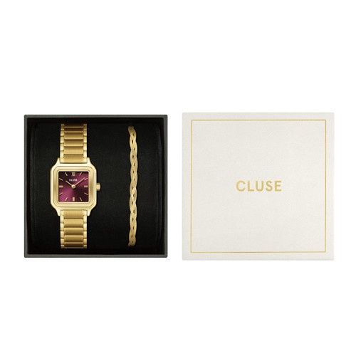 Gift Box Gracieuse Petite Watch Steel, Dark Cherry &amp; Braided Snake Bracelet, Gold Colour