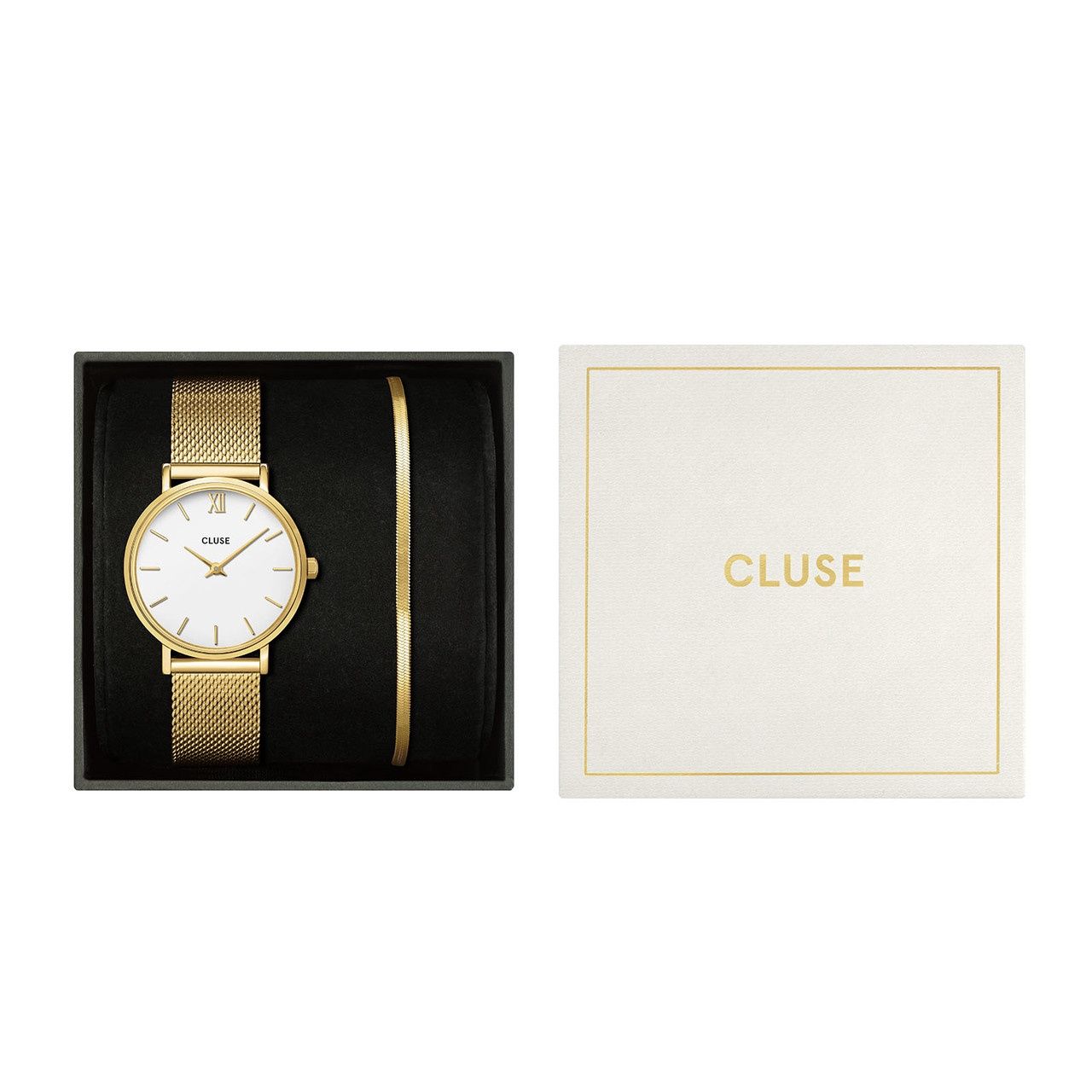 CLUSE Minuit Gold Mesh Watch &amp; Flat Snake Bracelet Gift Set