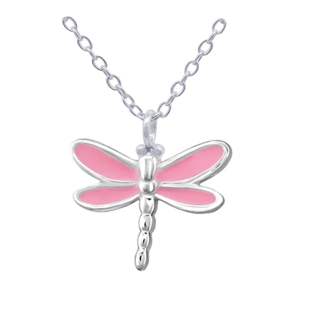 Sterling Silver Pink Enamel Dragonfly Pendant with 40cm Chain + 5cm Extender