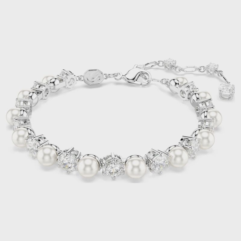 Matrix Tennis bracelet Crystal pearl, Round cut, White, Rhodium plated