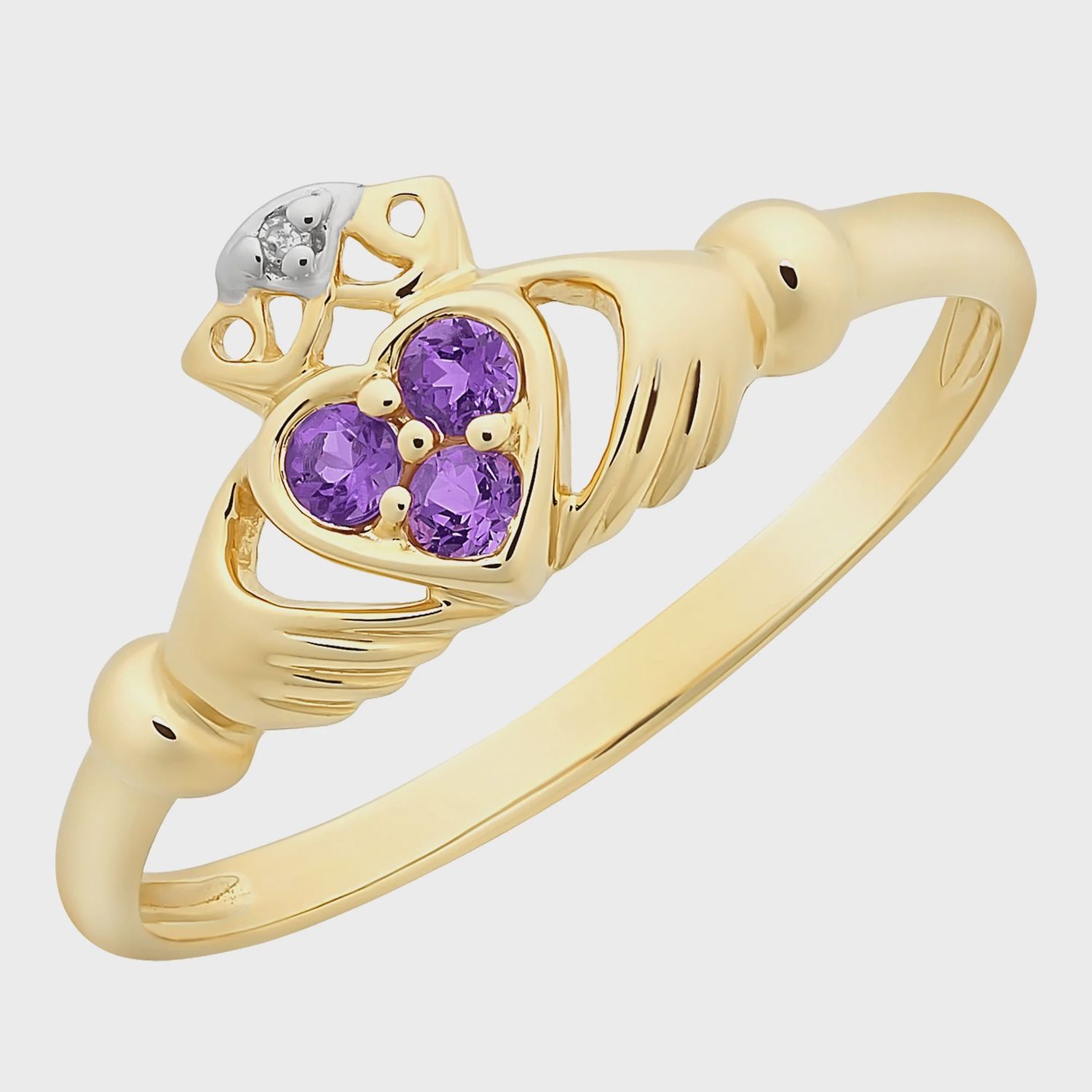 9ct Gold Amethyst &amp; Diamond &#39;Claddagh&#39; Ring M3188