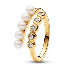 14k Gold-plated open ring with white treated freshwater cultured pearl and clear cubic zirconia 163146C01-54