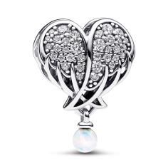 Angel wing heart sterling silver charm with clear cubic zirconia and white lab-created opal 792980C01