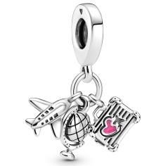 Airplane, globe and suitcase sterling silver dangle with pink enamel 799435C01